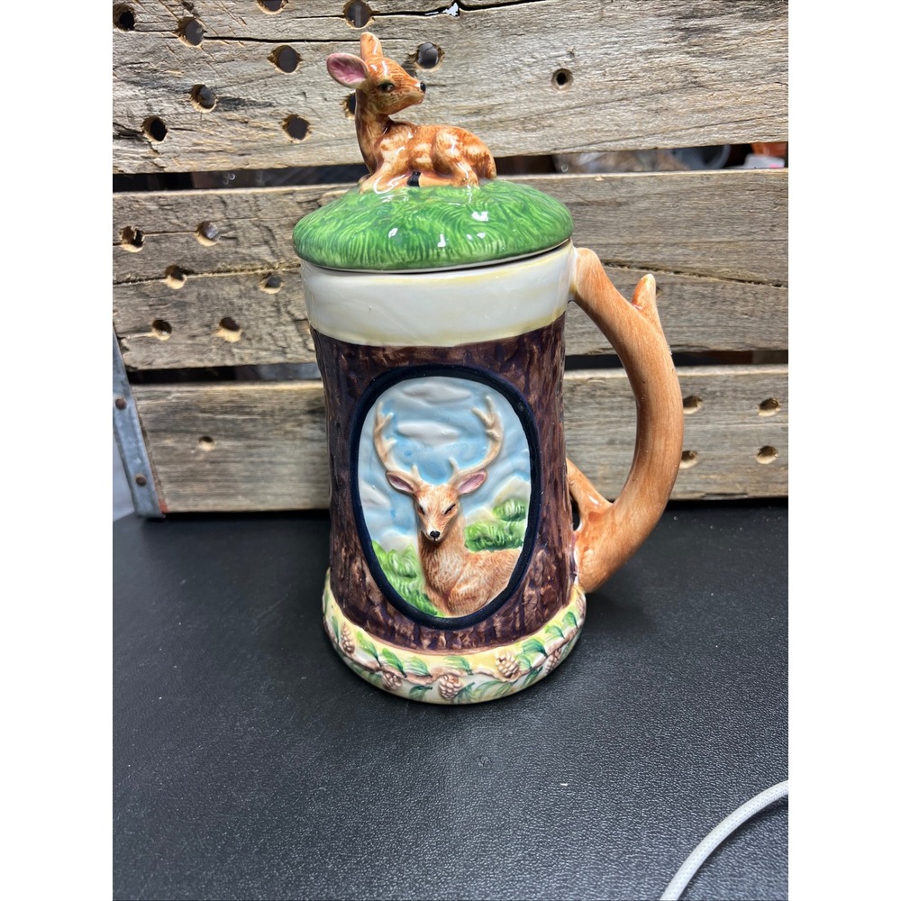 Vtg Ceramic Deer Stein with Fawn Figurine Lid Rustic Cabin Decor House of Lloyd